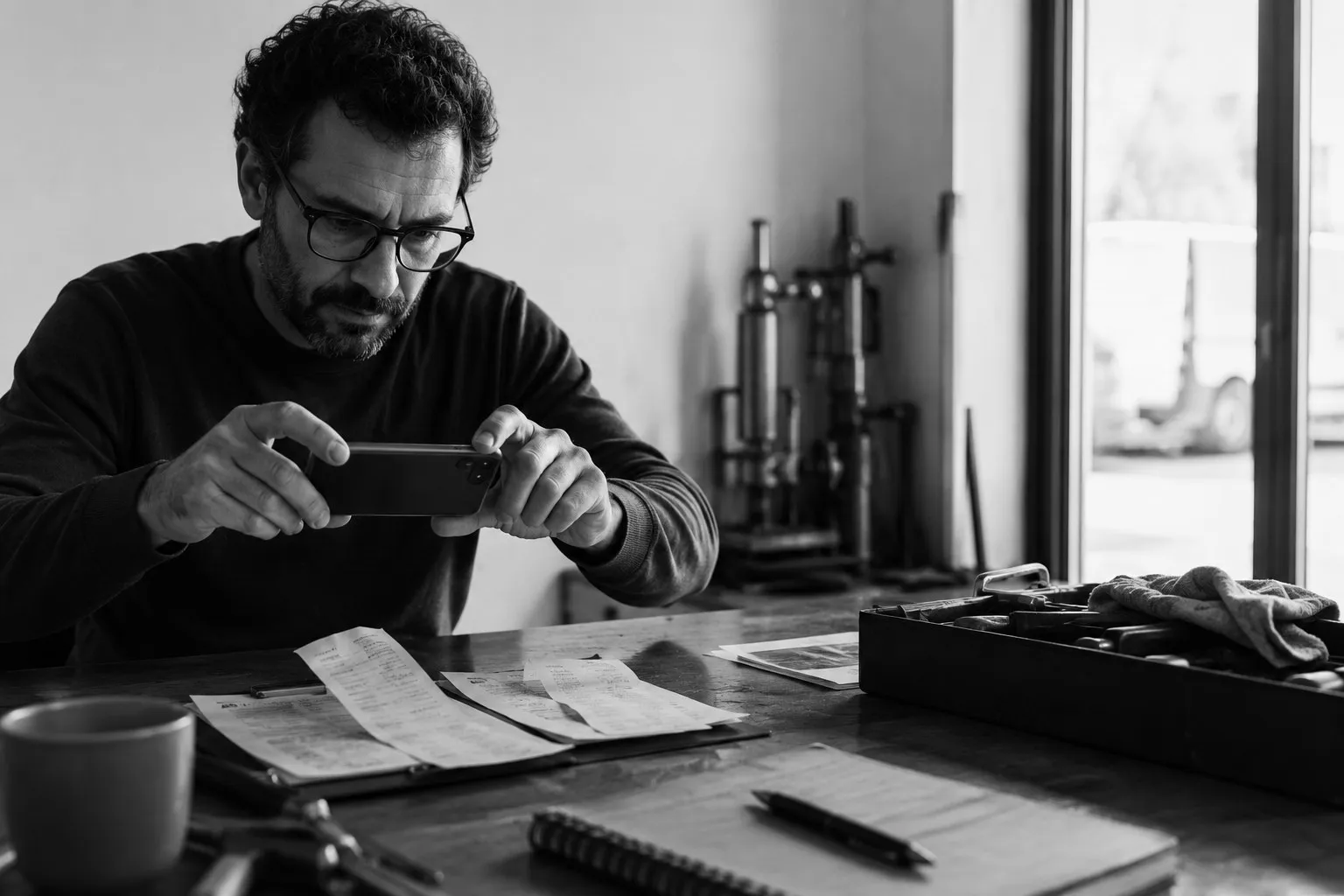 A craftsman at his workbench photographing paper invoices with his phone.